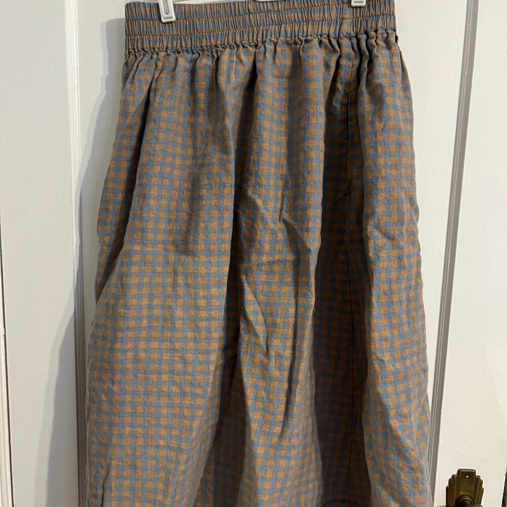 NotPerfectLinen SION gathered Midi linen skirt M/L Blue/orange Gingham